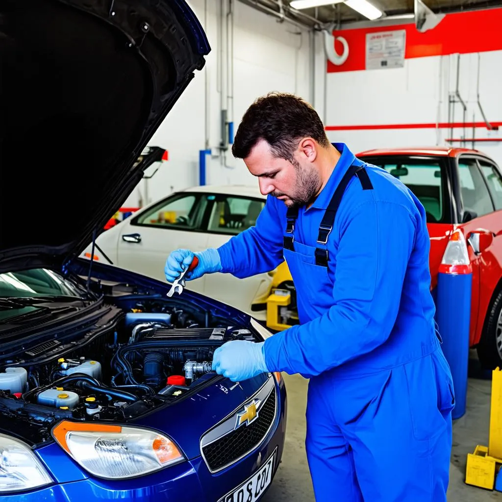 Mechanic working on a 2010 chevy aveo engine in a repair shop